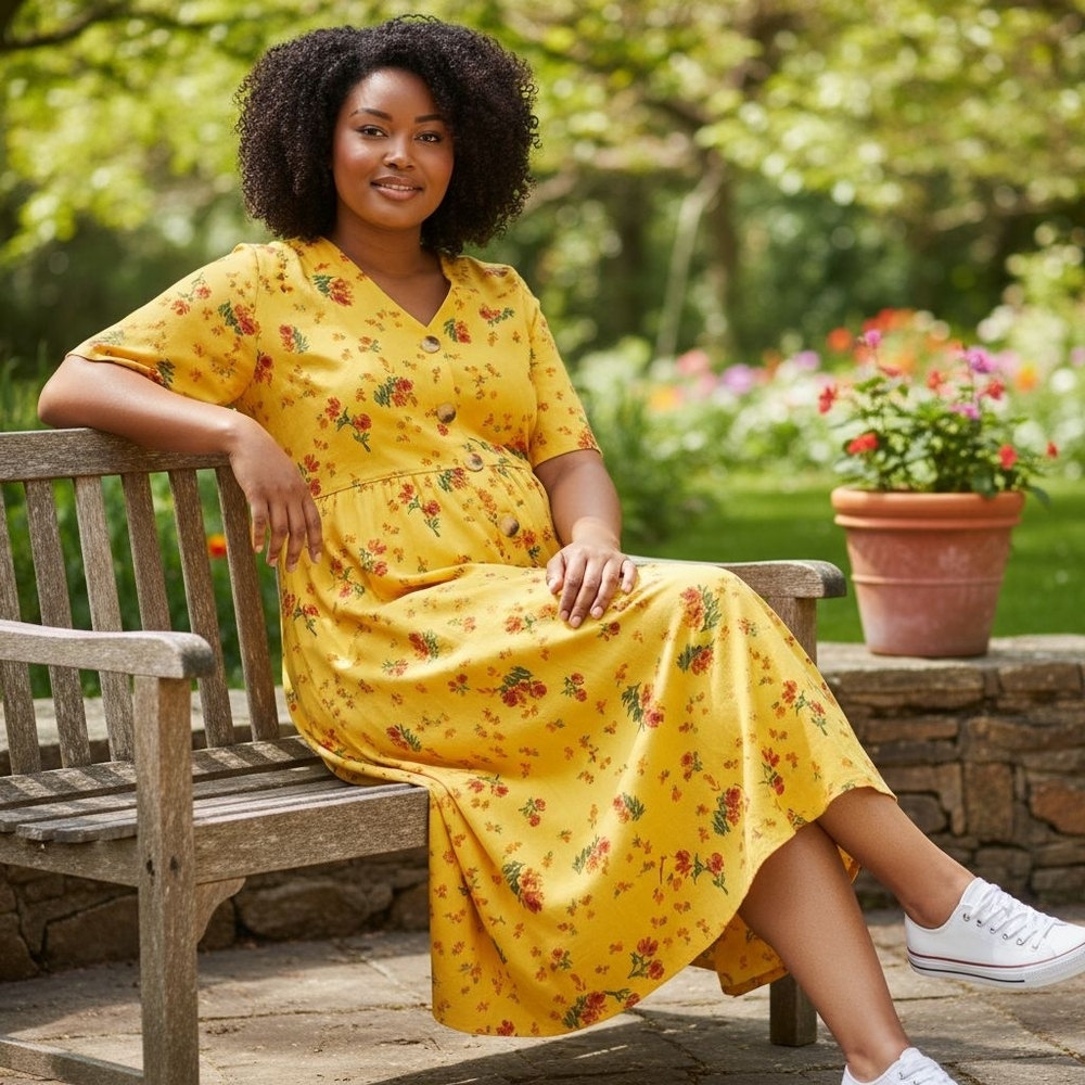 Wednesday's Girl Floral Golden Yellow Casual Midi Dress, Size UK 26 / US 22